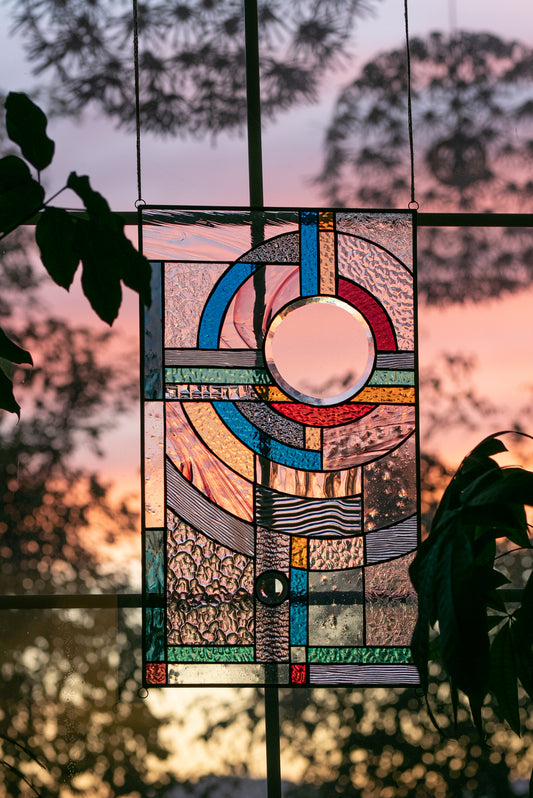 "Moon Rising" Stained Glass Panel (Rainbow Colored)